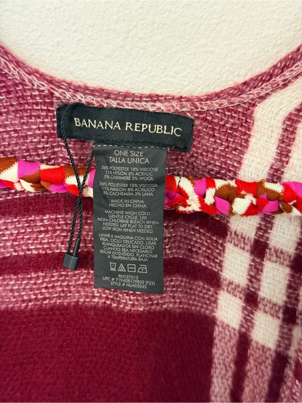 Banana Republic Cashmere Wrap Mariana Plaid Fringe Poncho Blanket Cape Wool OS